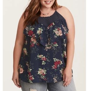 Sassy Floral Print Challis Lace Insert Ruffle Cami